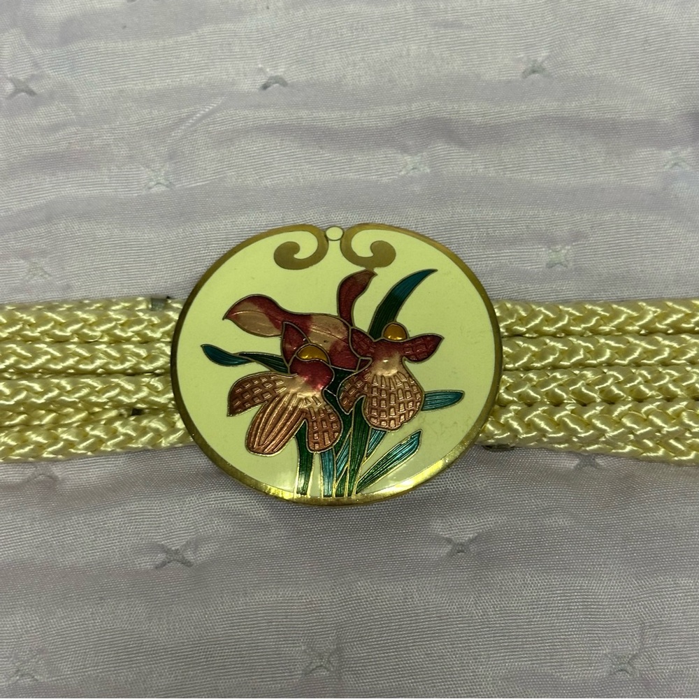 Vtg Stretch Silk Rope BELT w/FLORAL Gold tone CLOISONNE/Enamel BUCKLE by YEN 38